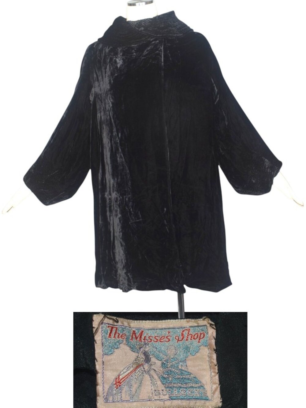 Vintage 1930s Bullock's Misses Shop Black Crushed Velvet Cape Coat M L As Is